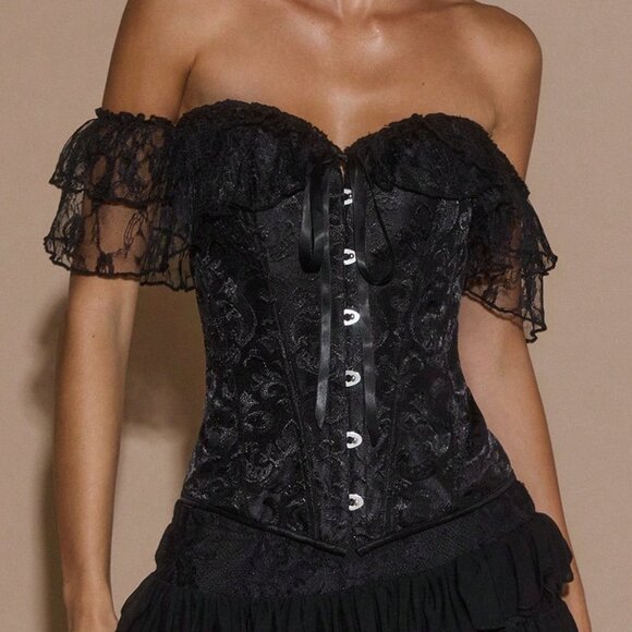 Black Women's Lace Front Tie Off-Shoulder Blouse - Picture 5 of 7